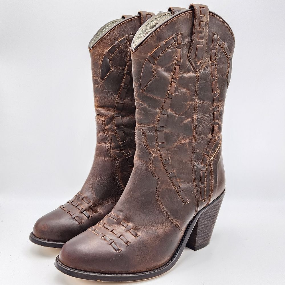 Dingo Devine Distressed Brown Leather Boho Western Boots Laced Detail Women's 6